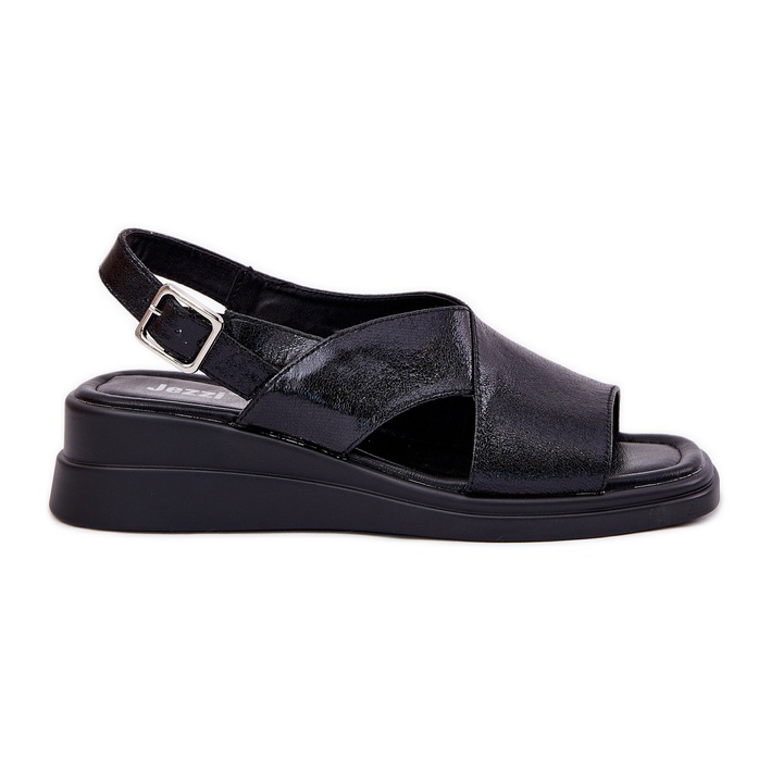 Jezzi Painted women's sandals on wedge with eco leather black leather