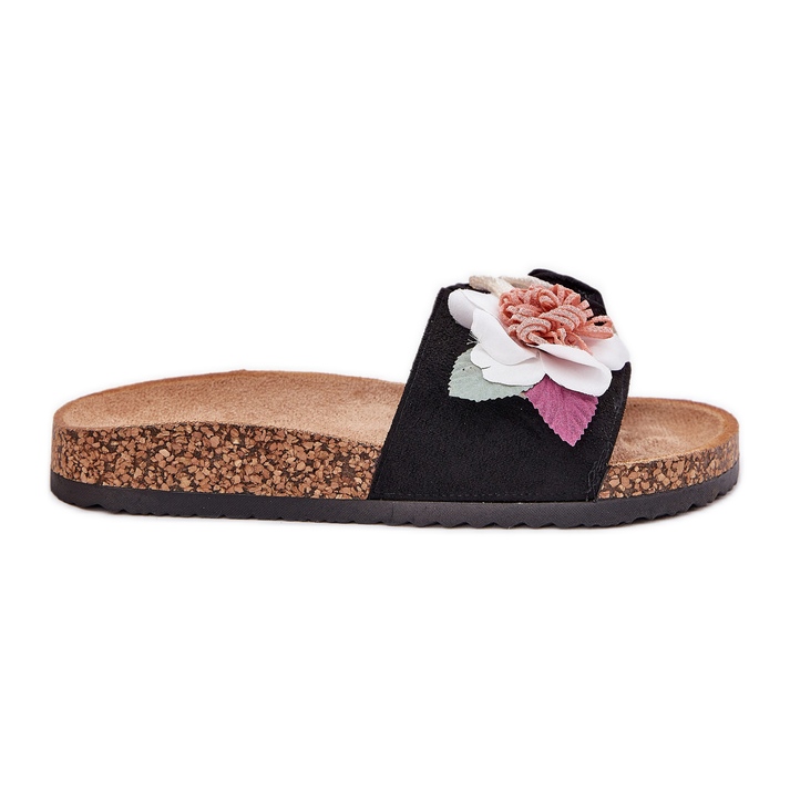 Evento Women's flip flops with flowers on the cork platform black