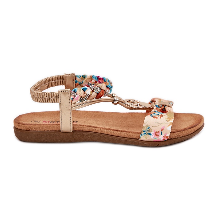 Flat women's sandals with braided belt and decoration Artiker 56C1316 PLN golden