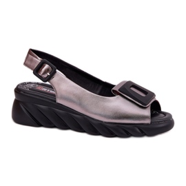 Women's leather sandals with a wedge with decoration Artiker 56C2158 graphite silver