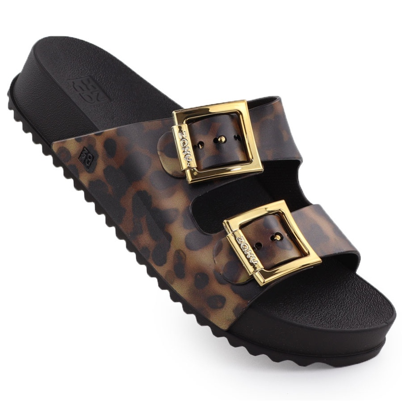 Women's flip flops with pool beach buckles with leopard print brown zaxy rr285059