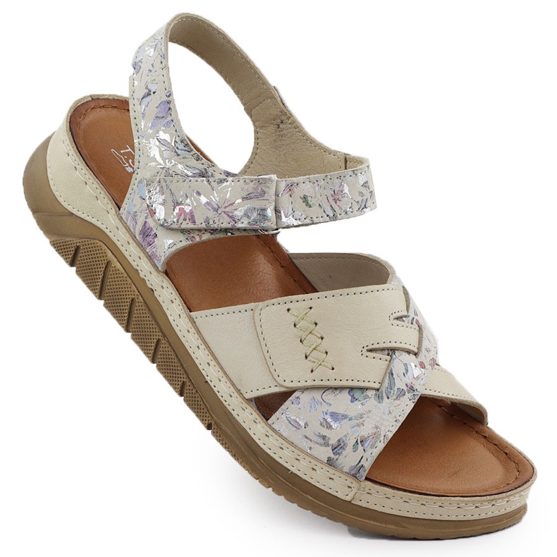 Leather comfortable Velcro sandals with beige flowers T.Sokolski L25-173