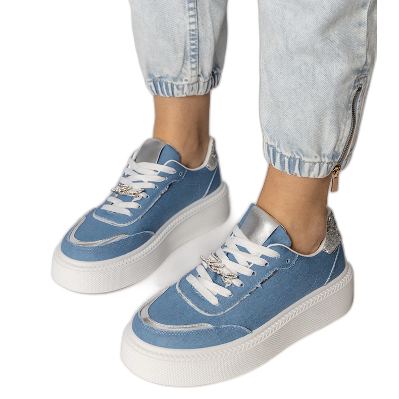 Denim sneakers decorated with glitter and zircons blue
