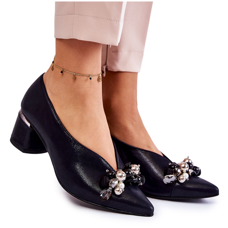 Leather pumps with an ornament Laura Messi 2487 navy blue