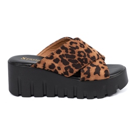 Seastar Women's suede flip flops with leopard wedge brown