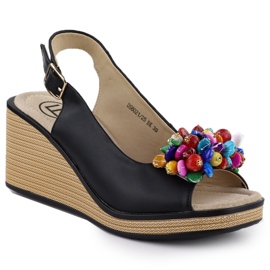 Leather wedge sandals with colorful beads black Filippo DS6021