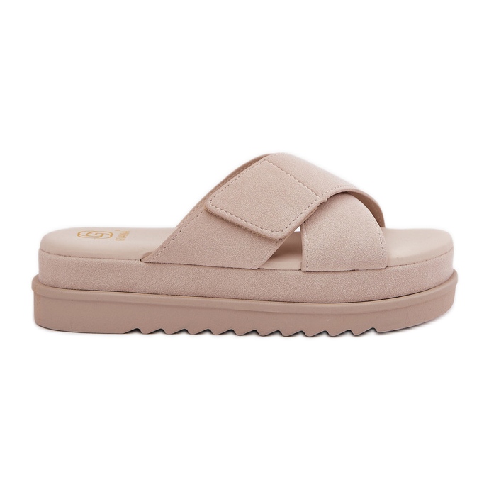 Women's flip flops on the platform with intertwined beige stripes