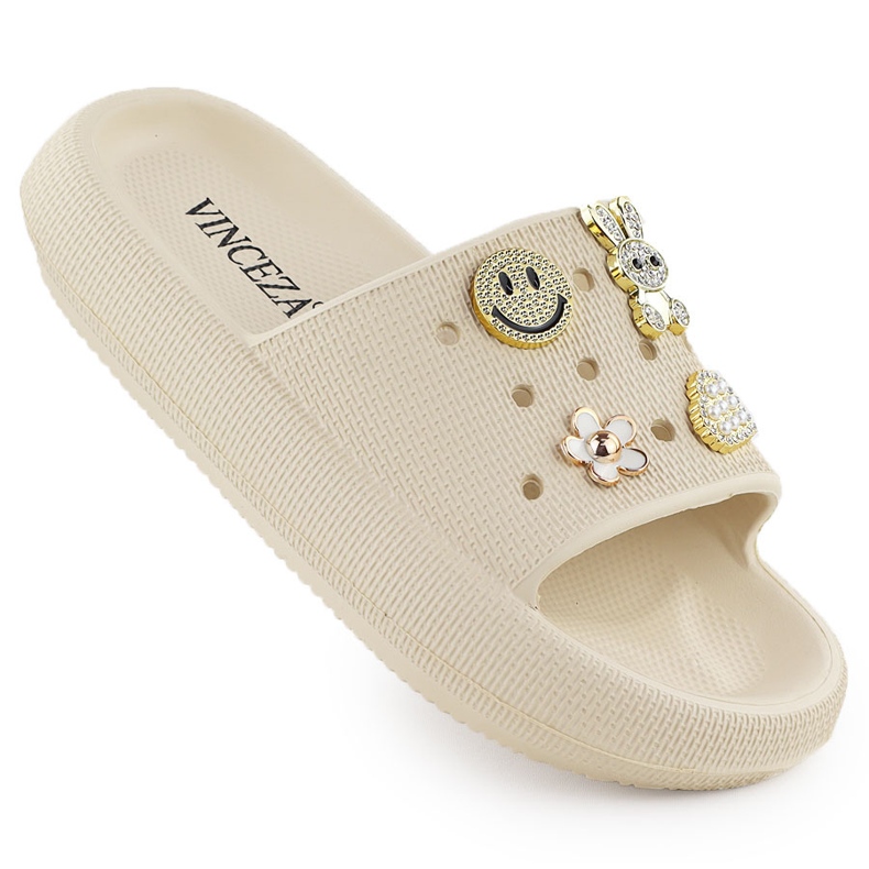 Vinceza Foam flip flops for the pool beach on the platform beige with Vincez 76055 decorations