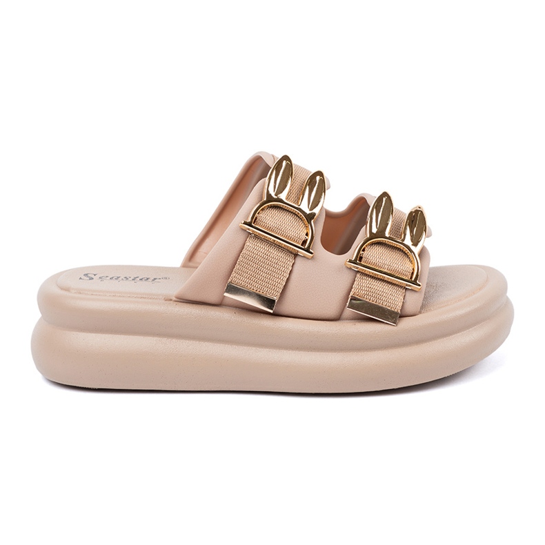 Seastar Slippers with golden buckles on the beige platform