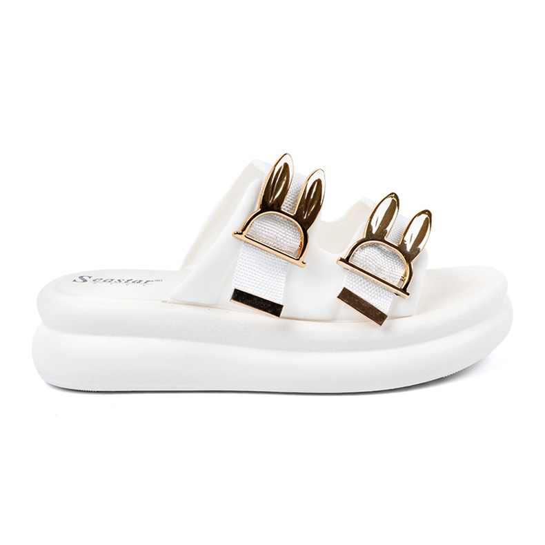 Seastar Slippers with golden buckles on the white platform Seastar Slippers with golden buckles on the white platform