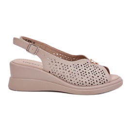 Leather openwork women's sandals for vinceza 79529 beige