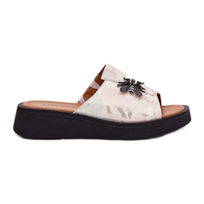 Women's leather slippers with a Vinceza 66752 beige brooch