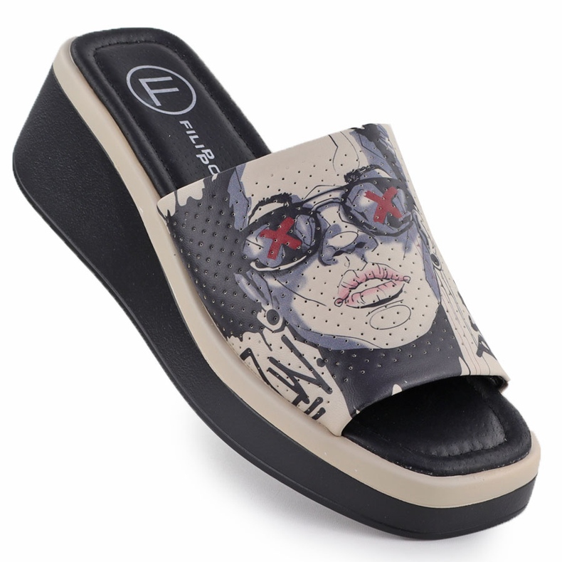 Women's leather slippers with print beige Filippo DK6158