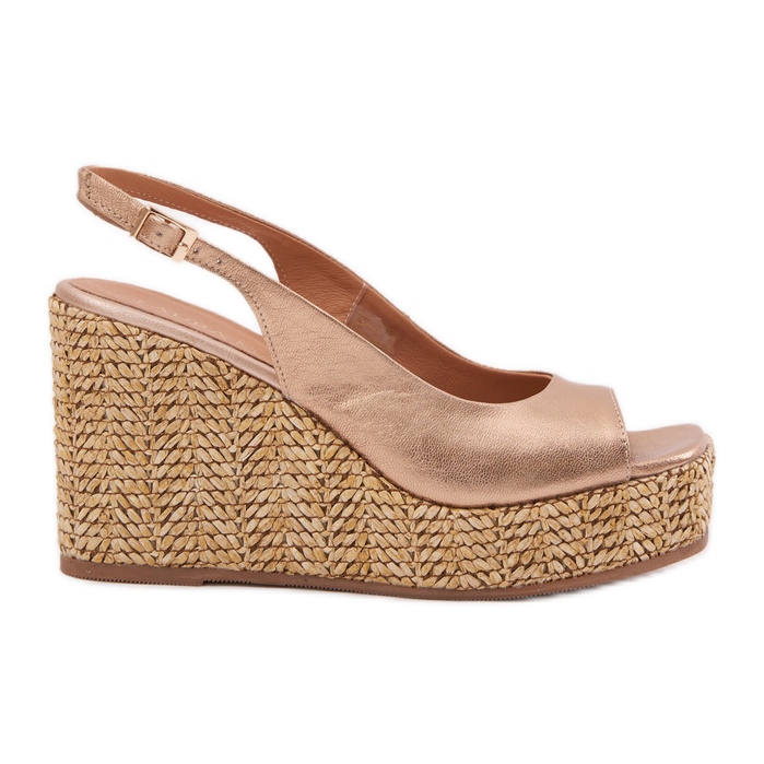 Women's leather sandals with wedge with Laura Messi braid 2789 zlotys golden