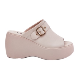 Women's leather flip flops on the platform and wedges with buckle s.barski LR51-542 beige