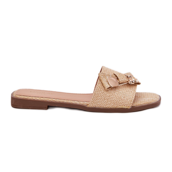 Inna Flat -heeled women's flip flops with a bow beige Inna Flat -heeled women's flip flops with a bow beige
