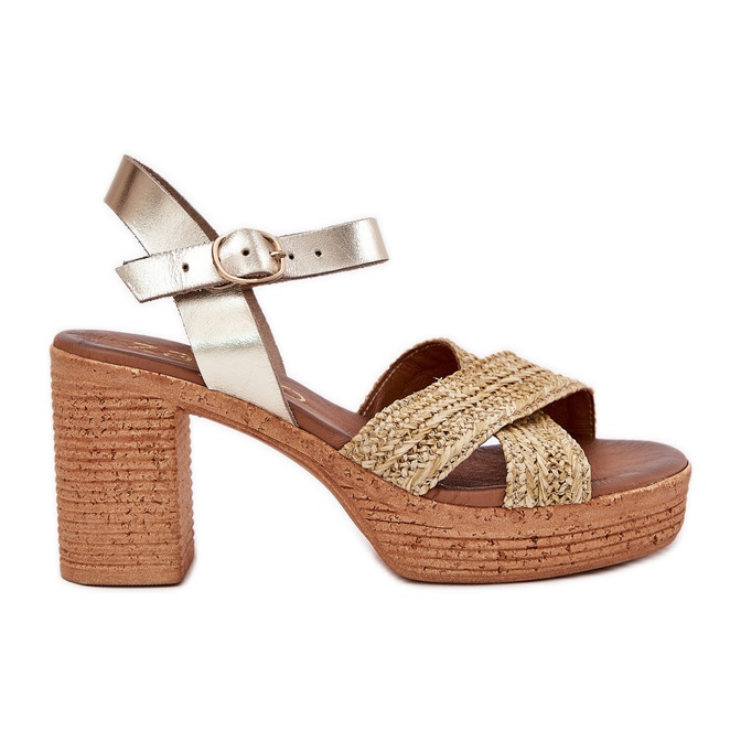 Leather sandals on the pillar with braid on Zazoo 40460 gold stripes golden Leather sandals on the pillar with braid on Zazoo 40460 gold stripes golden