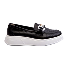 S.Barski Women's leather loafers on Platforma Czarne S. Barski LR720 with an ornament black