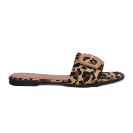 Inna Flat women's flip flops with a decorative leopard buckle brown Inna Flat women's flip flops with a decorative leopard buckle brown