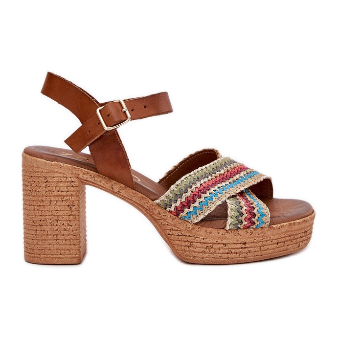 Leather sandals on the pillar with braid on Zazoo 40460 brown stripes