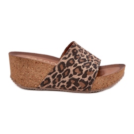 Zazoo 40289 Women's leather flip flops on the cork wedge leopard beige