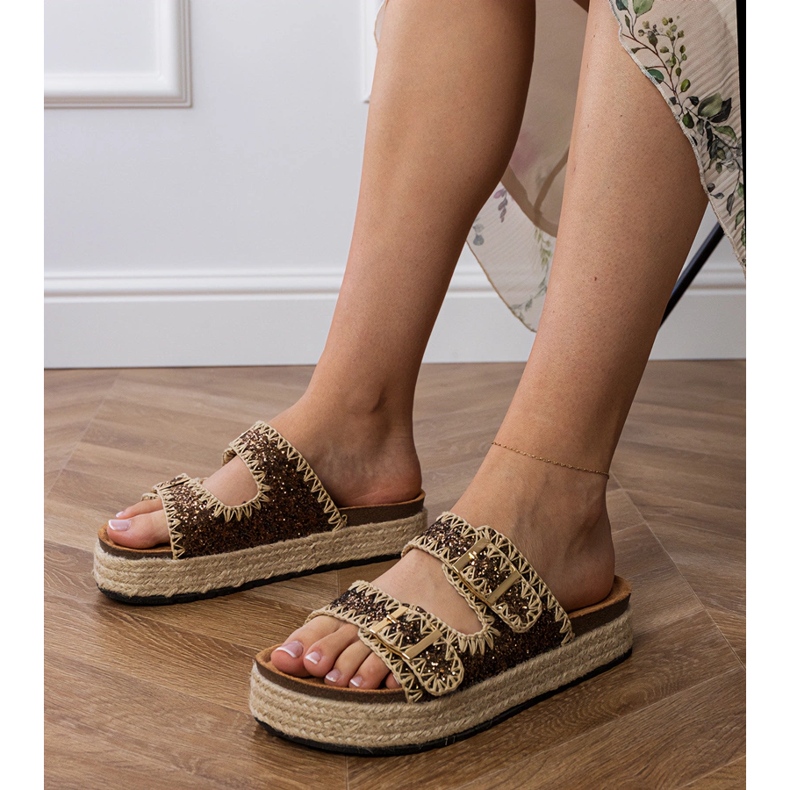 Brown espadrilles glitter flip -flops with buckles