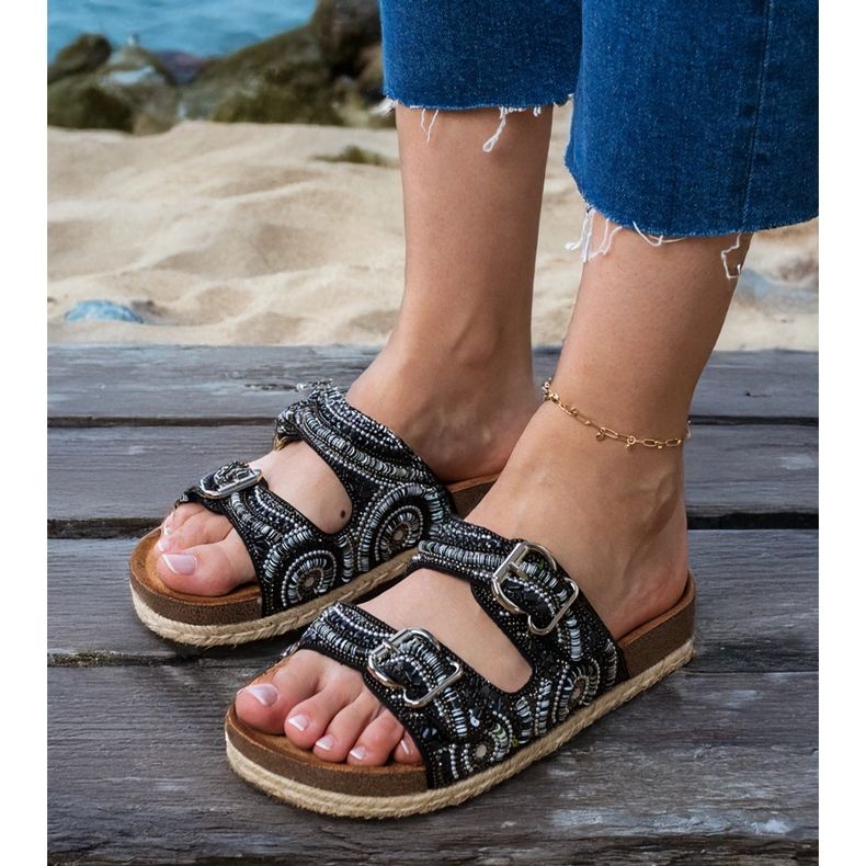 Black ethnic flip flops with clamps on stripes