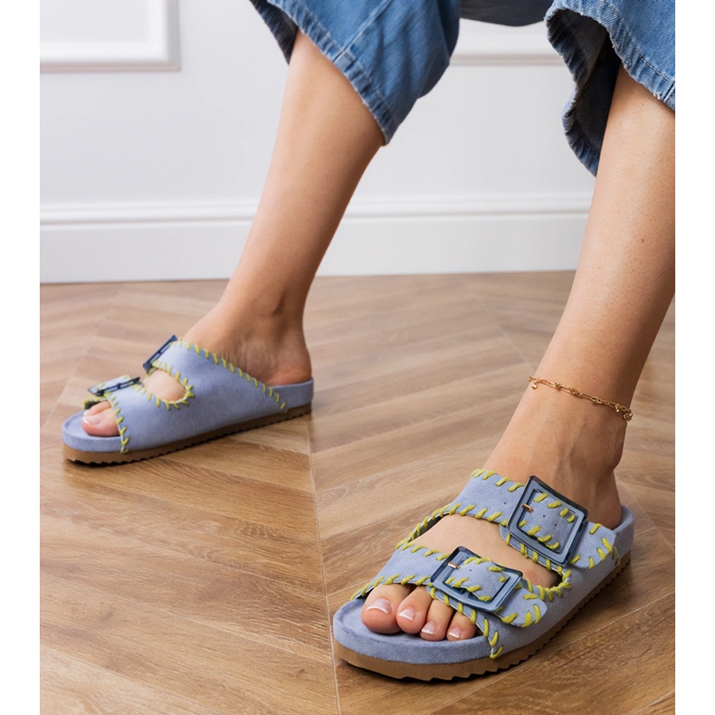 Blue flip flops with clamps and embroidery on stripes
