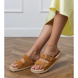 Brown flat flip flops with stripes clamps