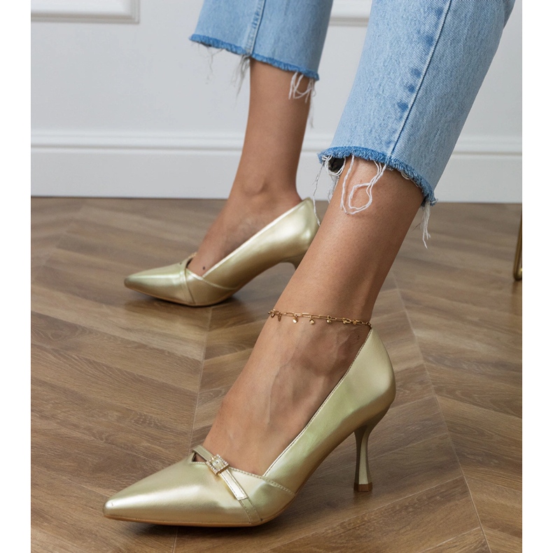 Classic women's gold pumps with zircons golden