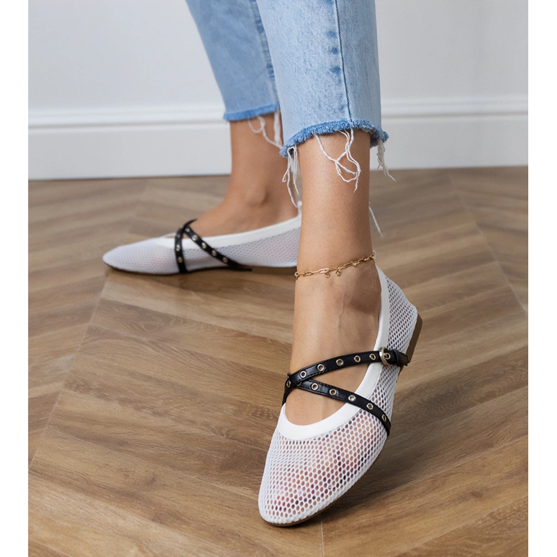 White mesh ballerinas with a decorative buckle
