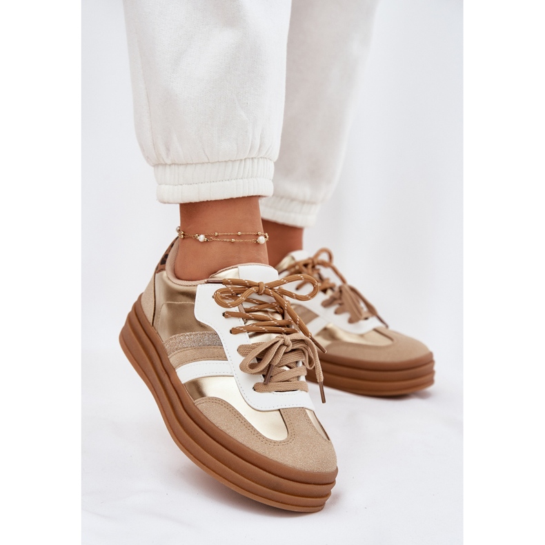 Women's sneakers on the platform with double lacing leopard leopard golden