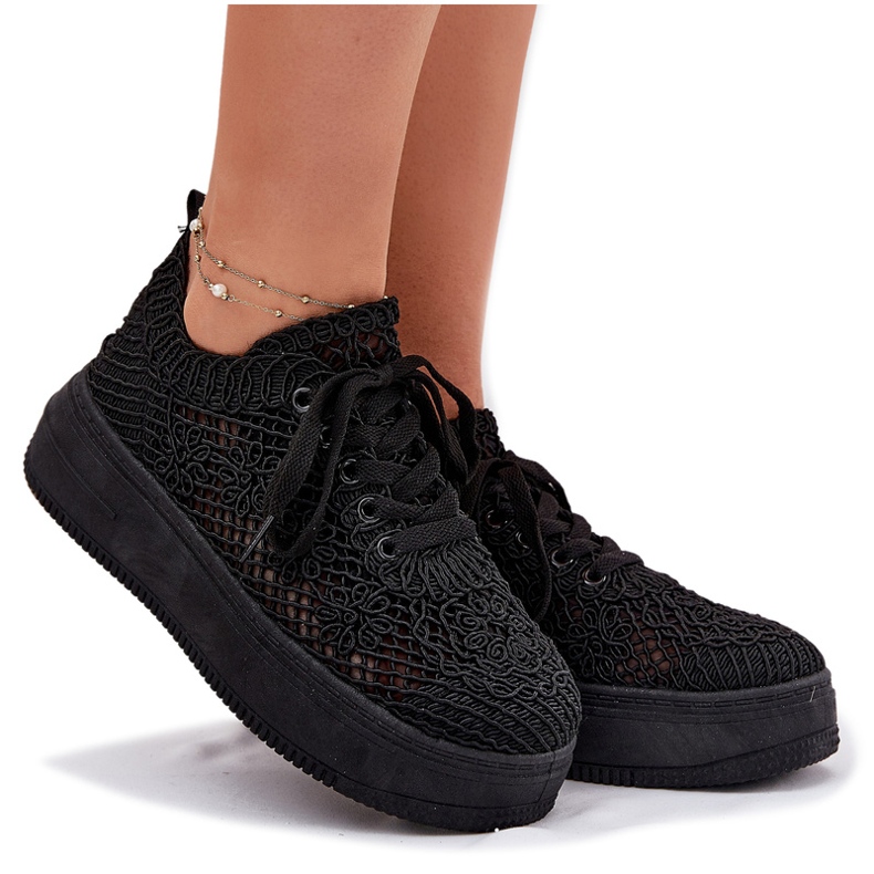 Women's sneakers on the platform with a crochet upper black upper Women's sneakers on the platform with a crochet upper black upper