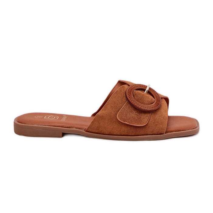 Flat -heeled women's flip flops with Camel buckle brown