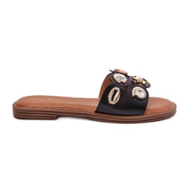 Flat -heeled women's flip flops with golden pins black pins