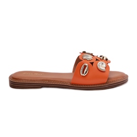 Flat -heeled women's flip flops with golden pins orange