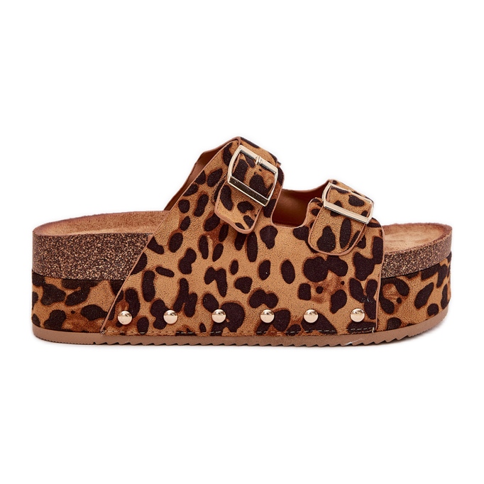 Women's flip flops with buckles on a massive leopard platform brown