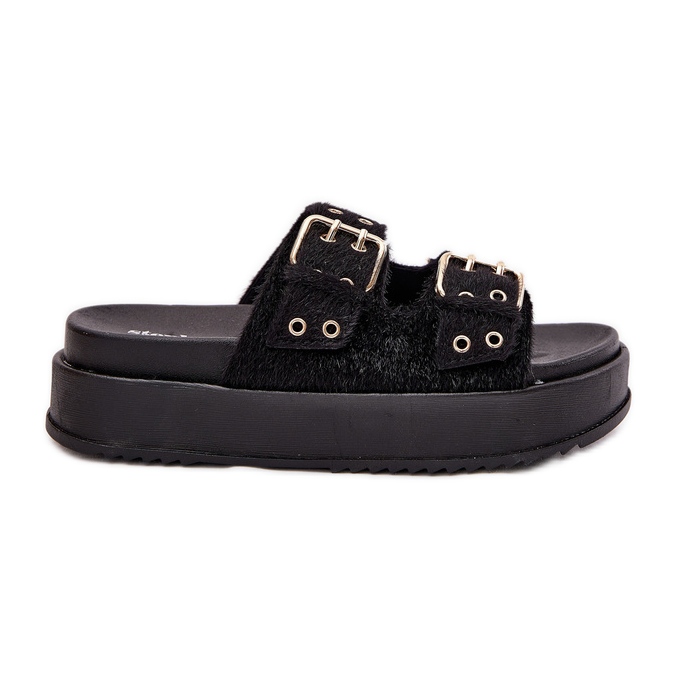 Women's flip flops with golden buckles on the black platform Women's flip flops with golden buckles on the black platform