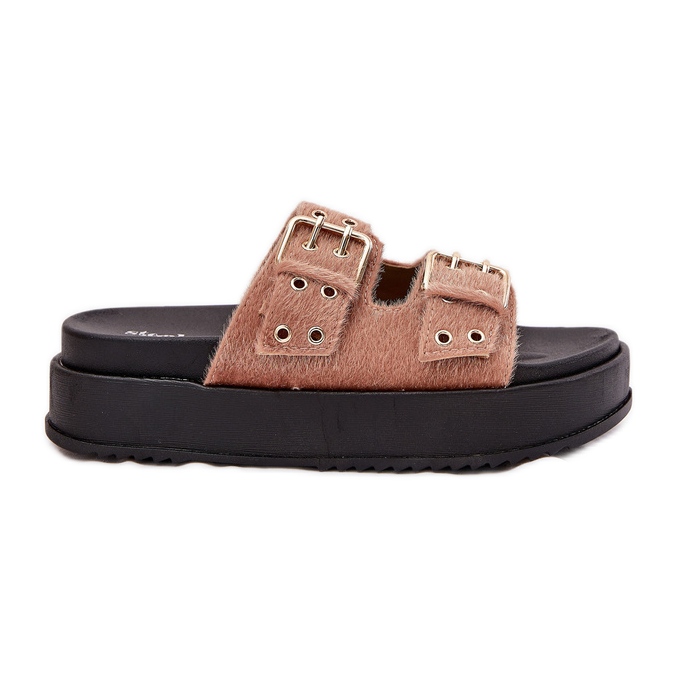 Women's flip flops with golden buckles on the platform beige pink