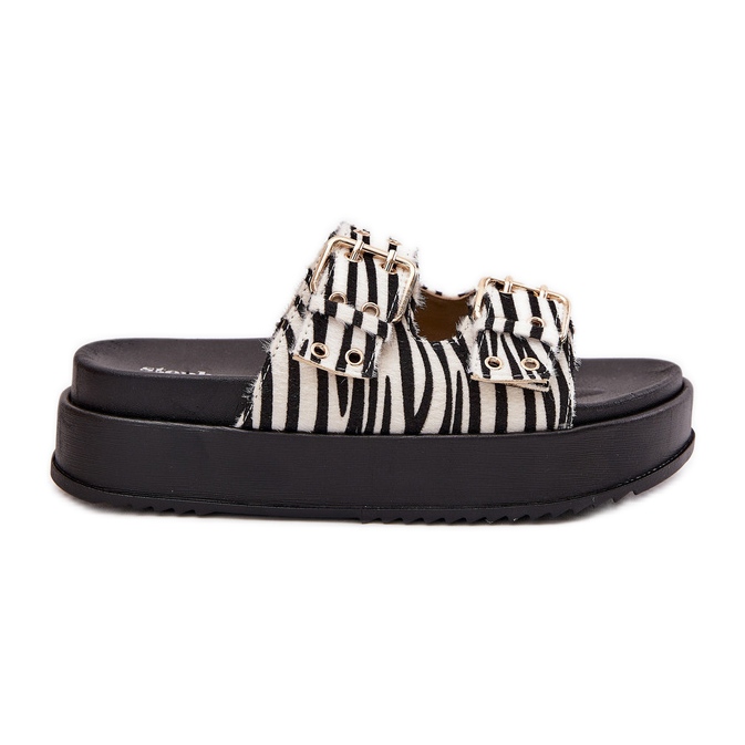Women's flip flops with golden buckles on the zebra platform white