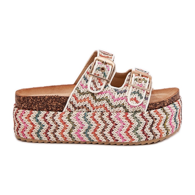 Women's slippers on a massive platform with braid and multicolor buckles white