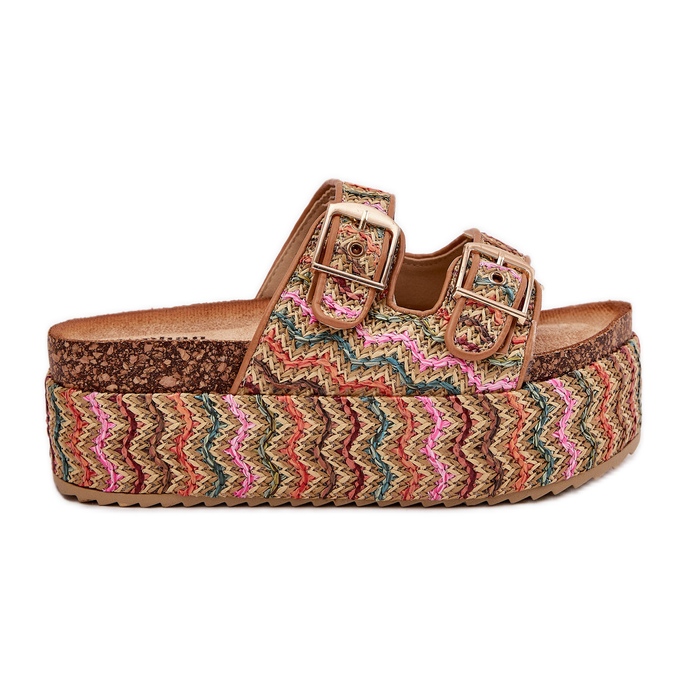 Women's slippers on a massive platform with braid and multicolor buckles beige