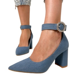 Denim pumps on the post with the buckle and zircons blue