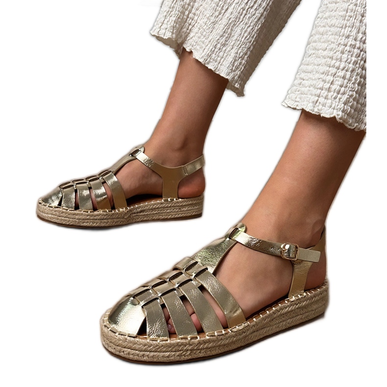 Gold sandals espadrilles gladiator from eco -leather golden