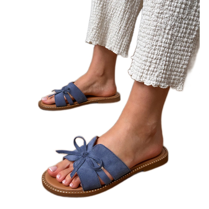 Blue flip flops with a bow and decoration on the edges