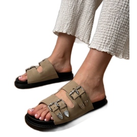 Green women's slippers with decorative buckles beige
