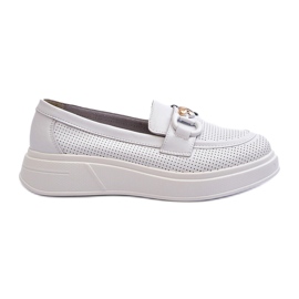 S.Barski Women's leather loafers on Platforma Białe S. Barski LR720 with an ornament white