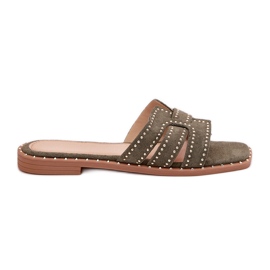 Decorated flat -heeled flip flops green Decorated flat -heeled flip flops green