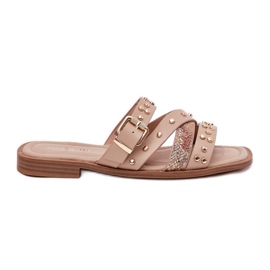 Decorated women's flat -heeled women's flip flops with stripes and a beige clamp