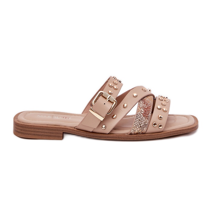 Decorated women's flat -heeled women's flip flops with stripes and a beige clamp